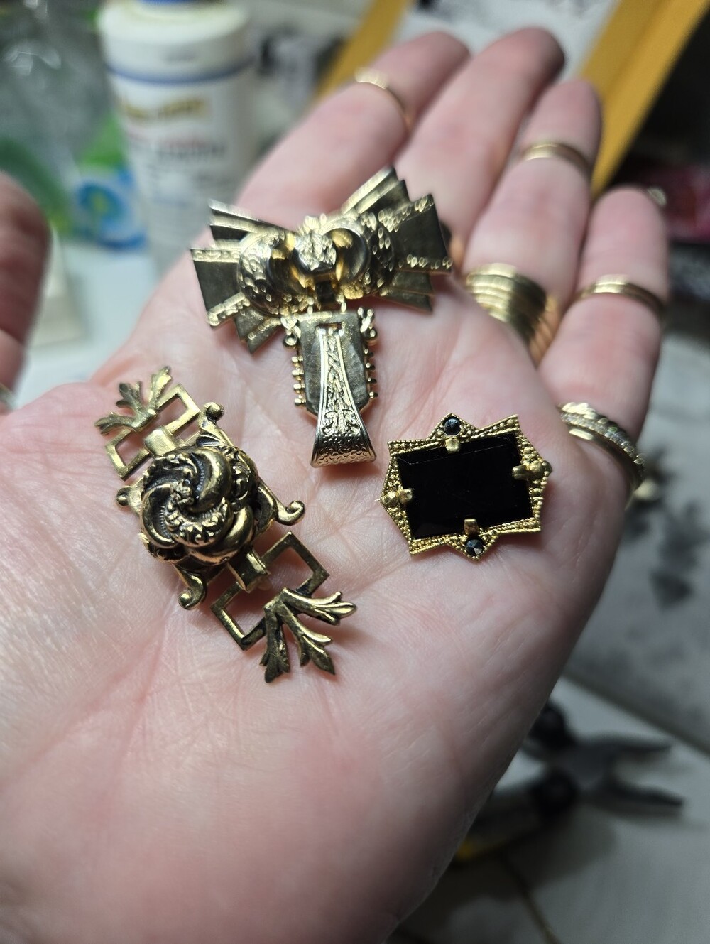 Victorian Gold-Tone & Gold Filled Vintage Decorative Brooch Set - Black Accent